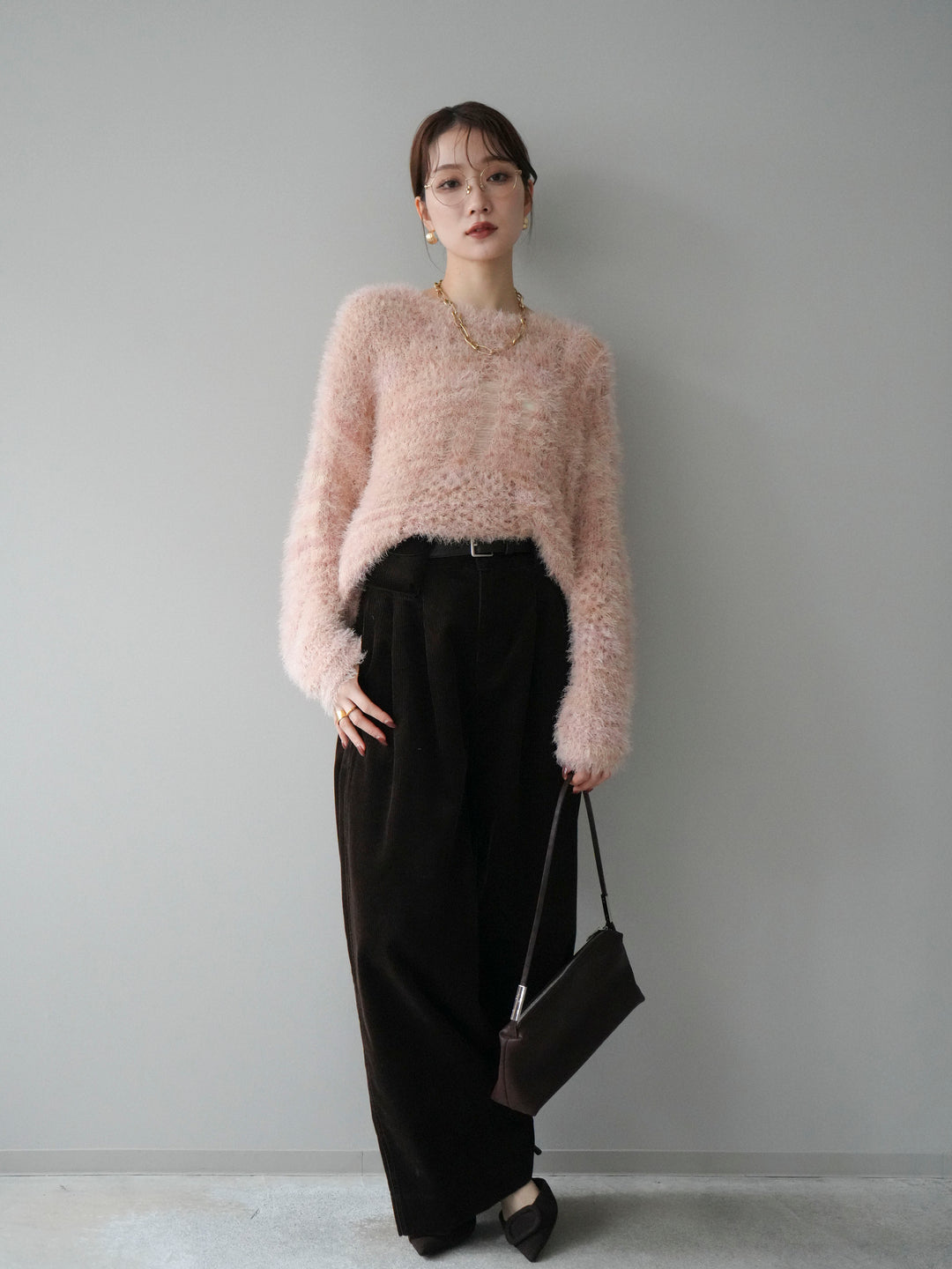 [予約]ミックスシャギールーズニットプルオーバー/pink