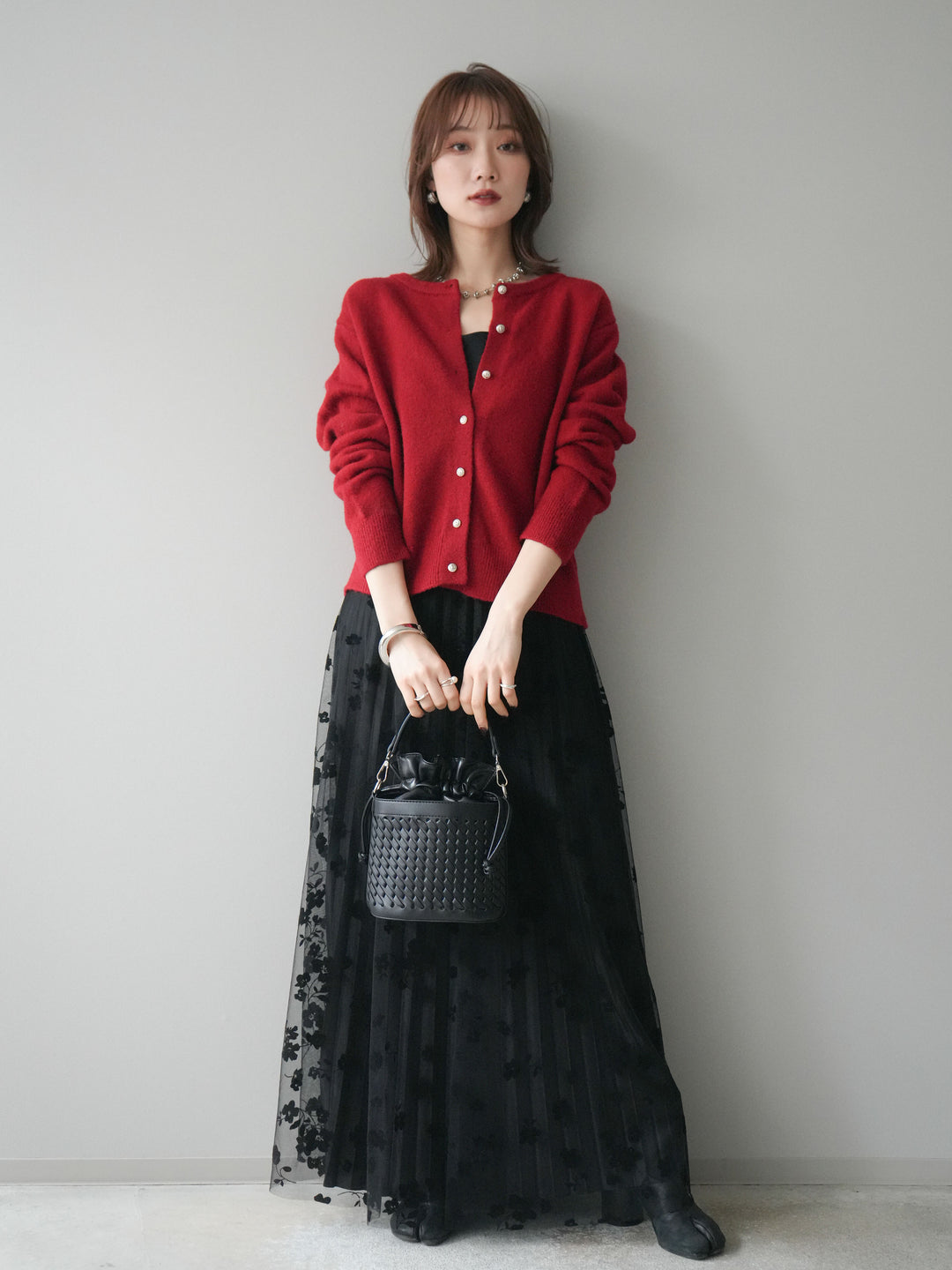 [予約]アンティークボタンニットカーディガン/red