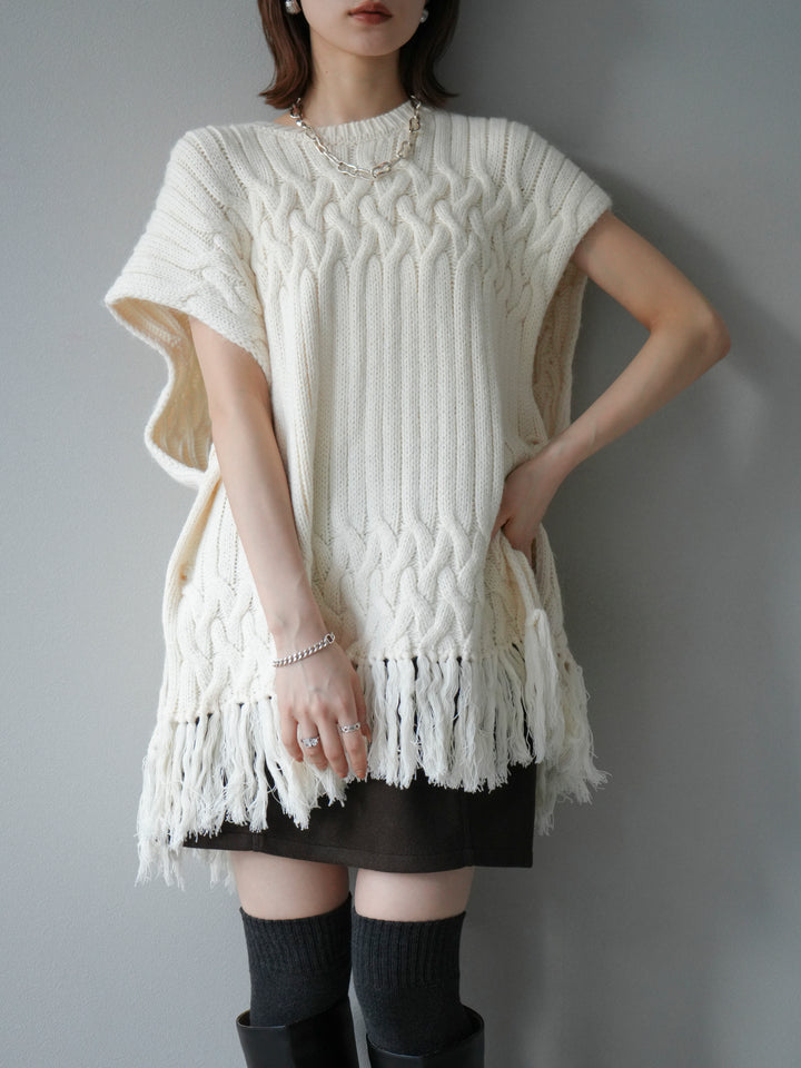 [予約]ケーブルニットフリンジベスト/ベージュ