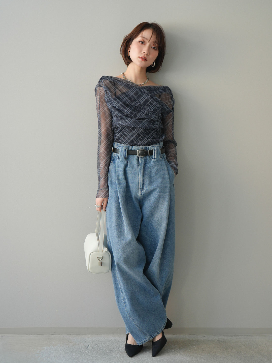[予約]チュールバイアスチェックプリントタックネックトップス/navy