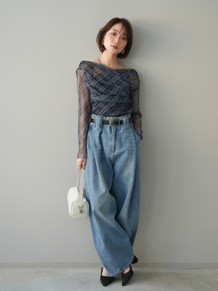 [予約]チュールバイアスチェックプリントタックネックトップス/navy