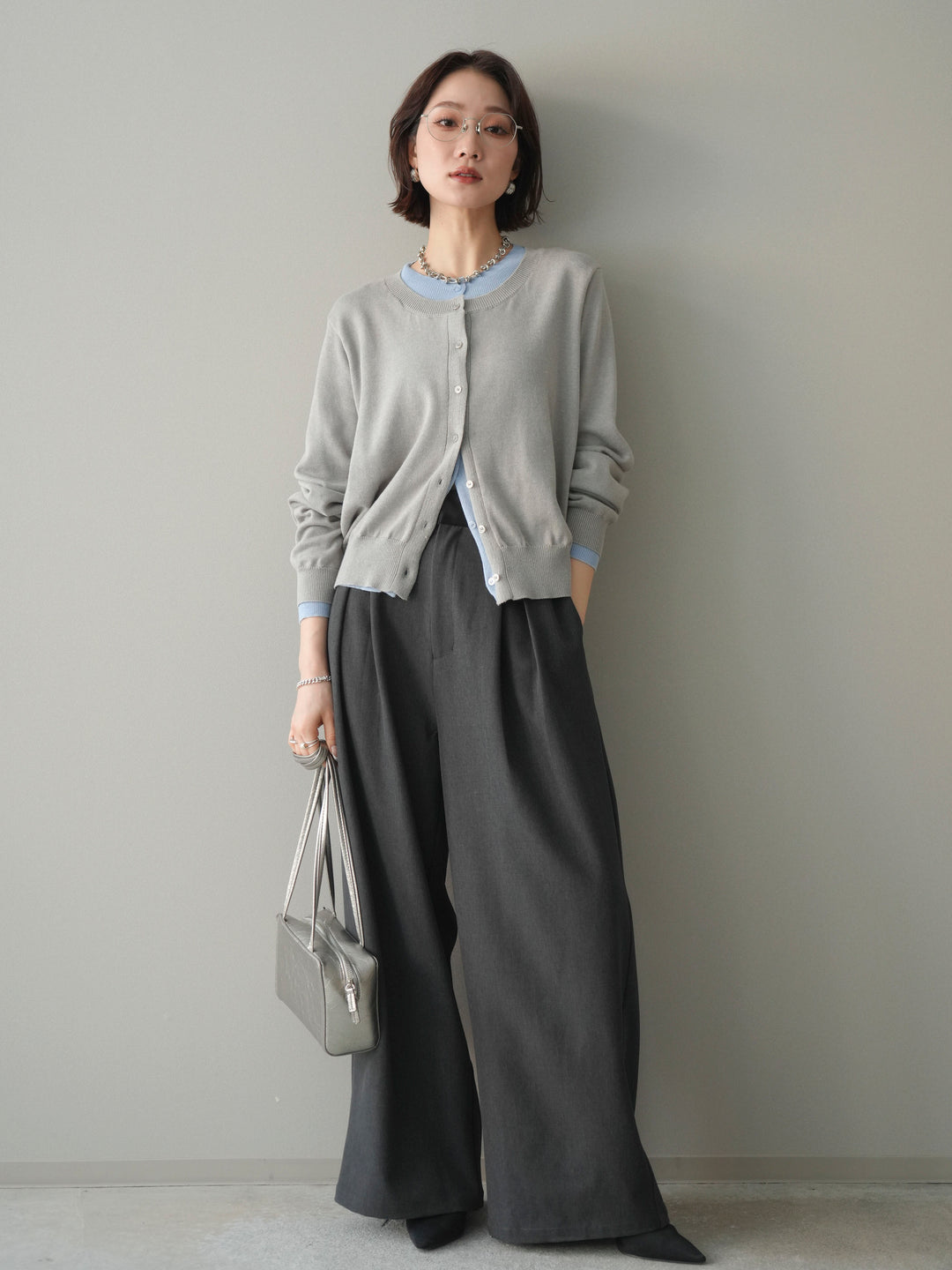 [予約]配色レイヤードコットンアクリルニットカーディガン/mokugray