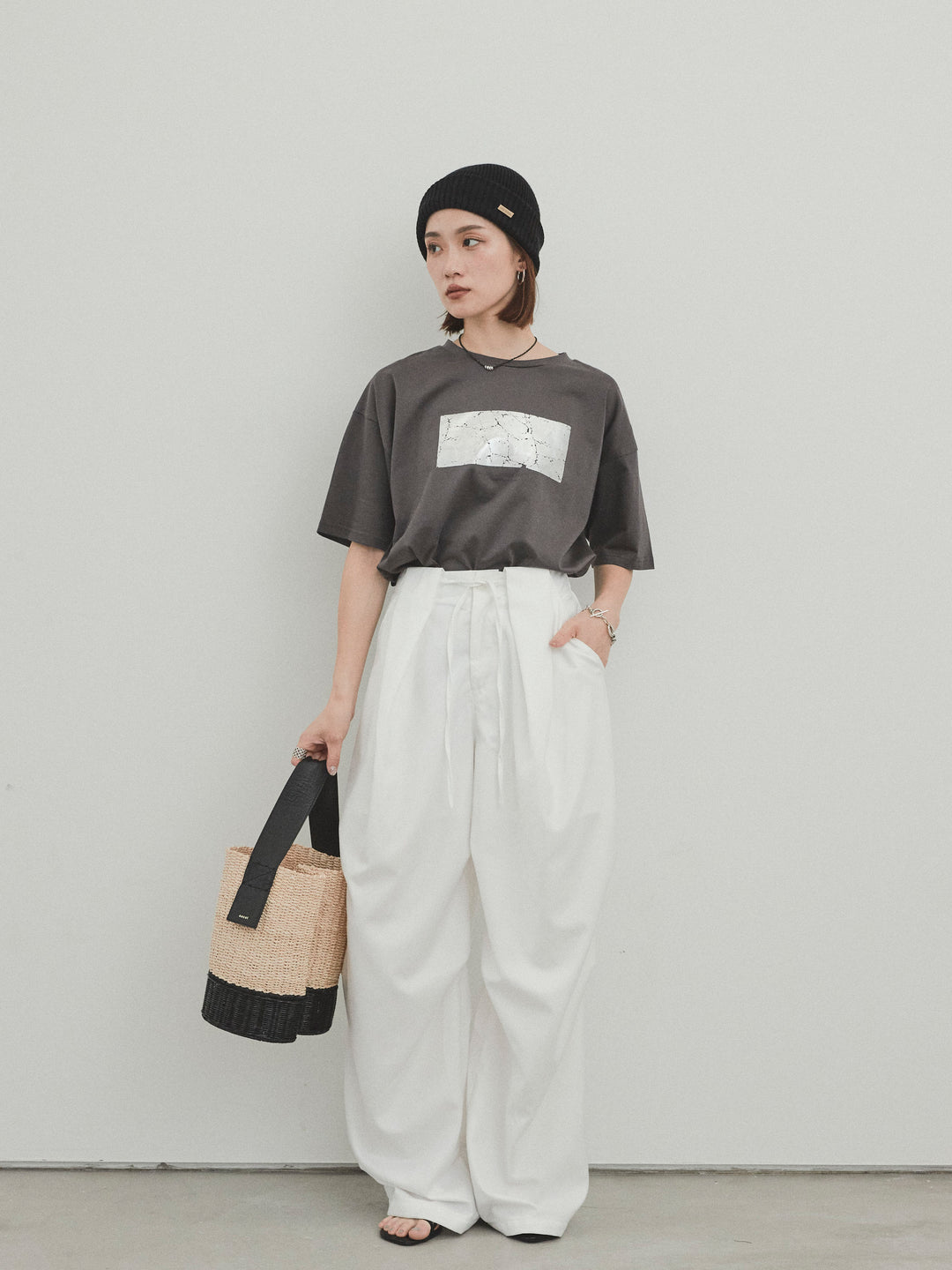 [予約]箔プリントドライタッチコットンTEE /チャコール