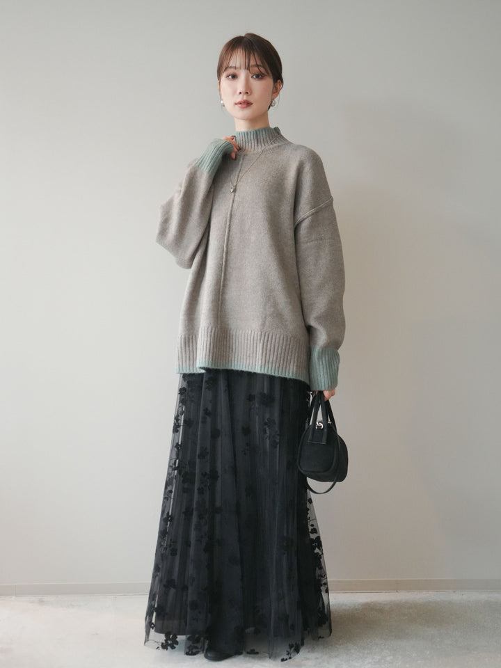 [SET]配色ハイネックニットプルオーバー+フラワーフロッキーチュールプリーツスカート(2set)