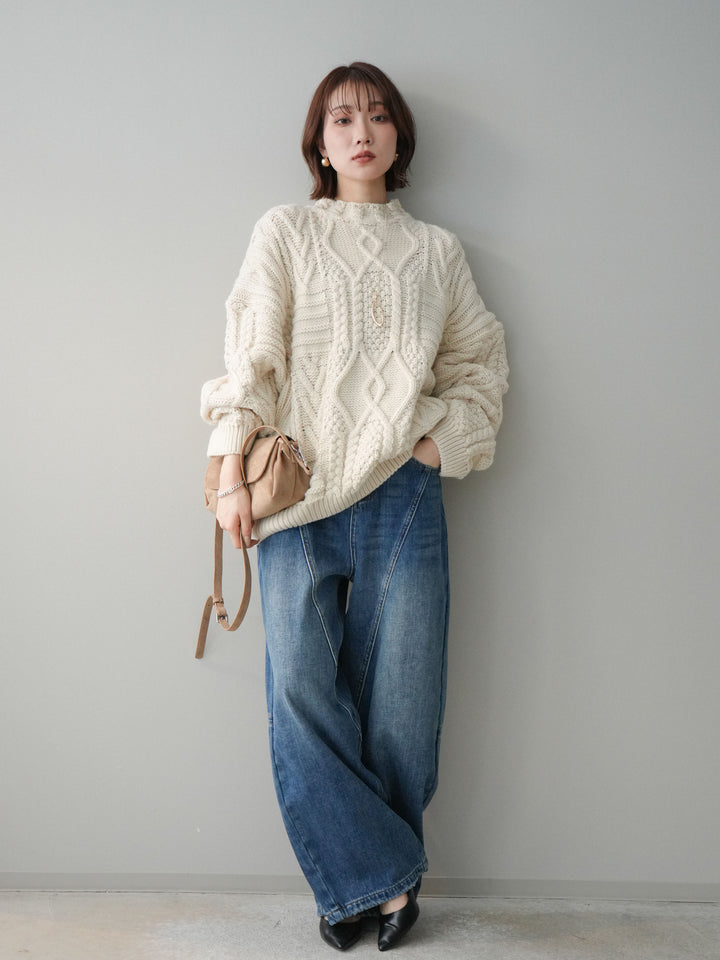 [SET]ケーブル編みモックネックニットプルオーバー+選べるアクセセット(2set)