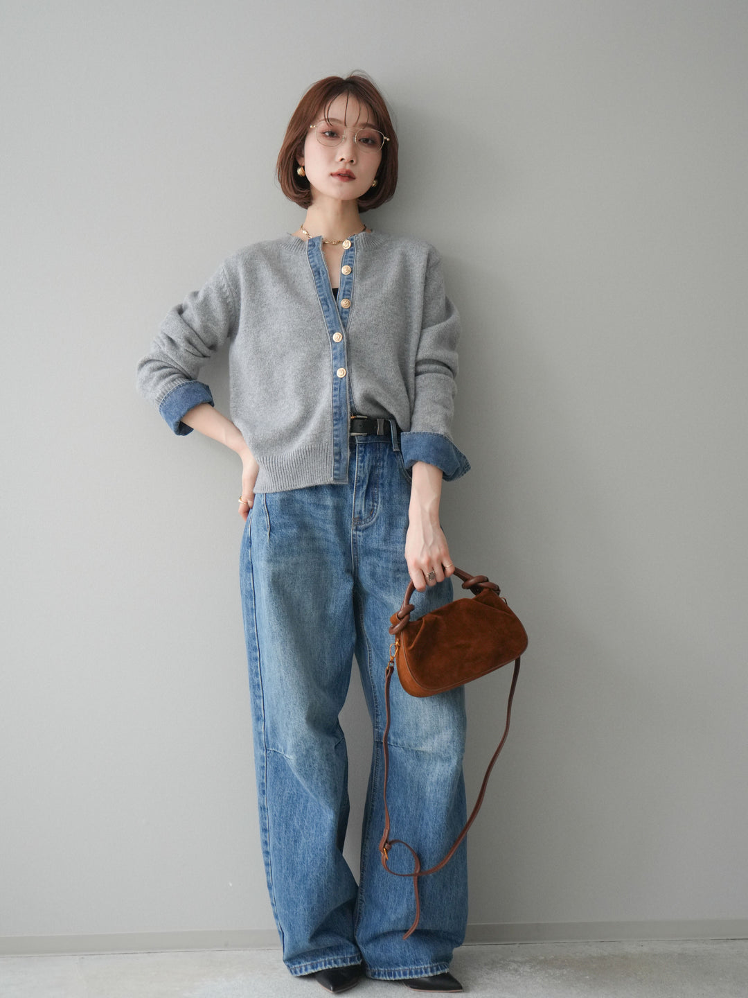 [SET]クルーネックデニムドッキングニットカーディガン+選べるアクセセット(2set)