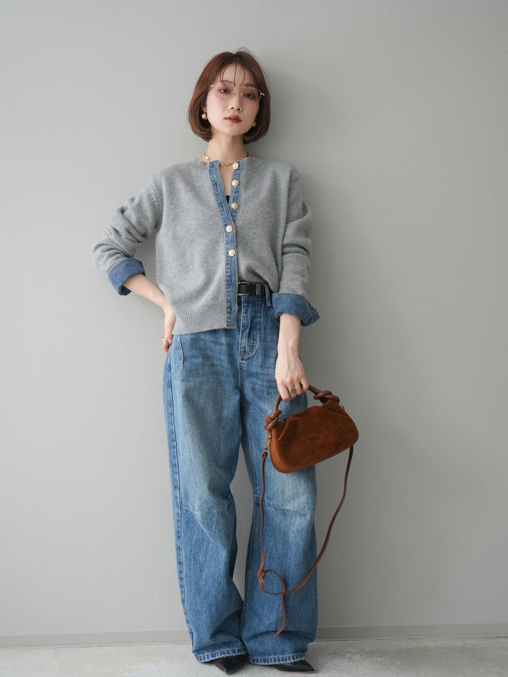 [SET]クルーネックデニムドッキングニットカーディガン+選べるアクセセット(2set)
