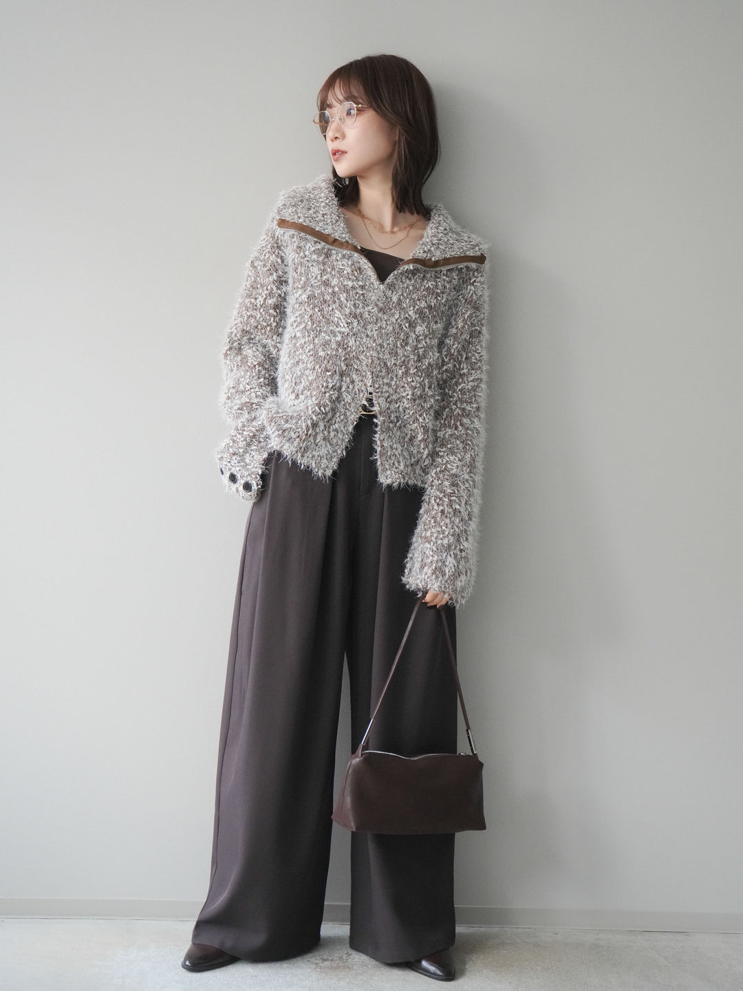 [予約]ミックスシャギージップニットカーディガン/brown