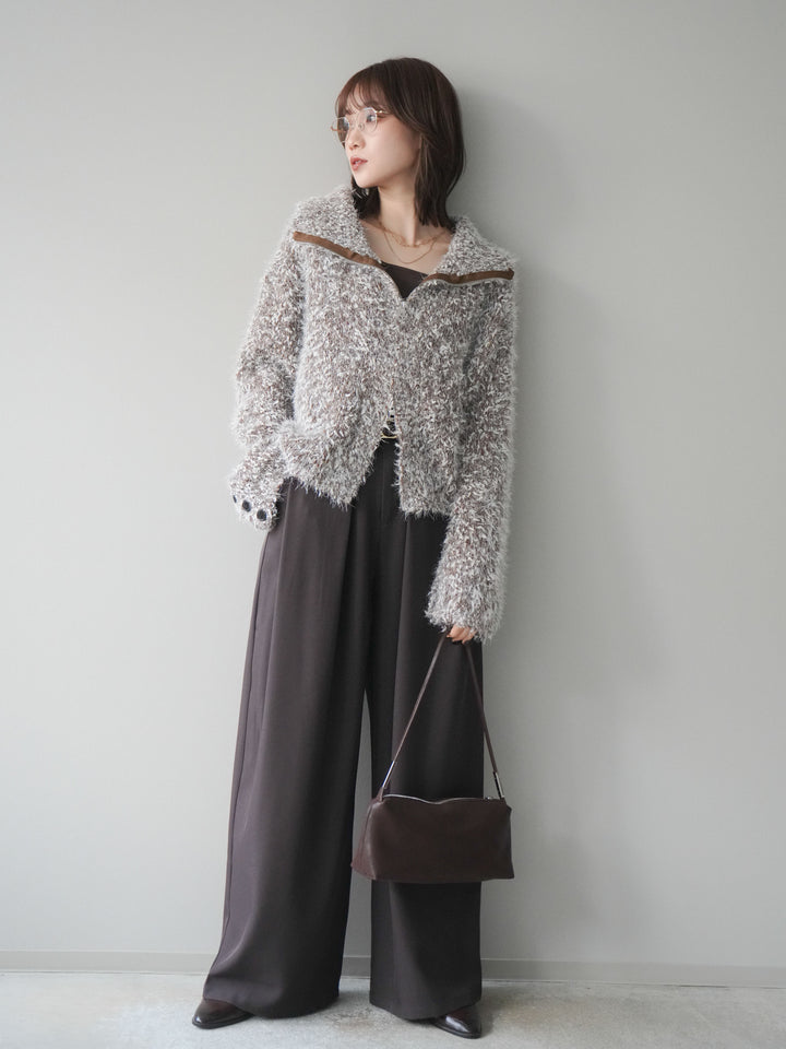 [予約]ミックスシャギージップニットカーディガン/brown