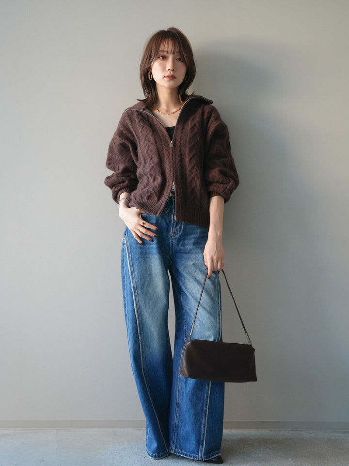 [SET]ケーブル編みハイネックZIPニットカーディガン+サイドフリンジワイドデニムパンツ(2set)