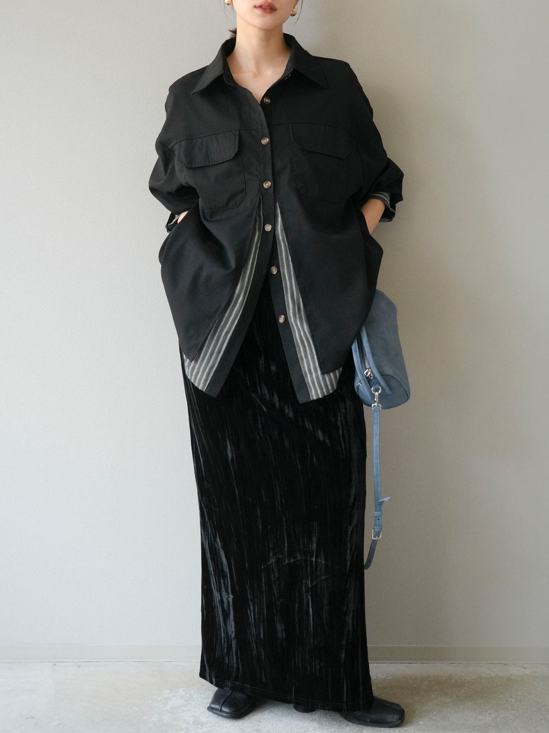 [予約]ストライプレイヤードシャツ/ブラック