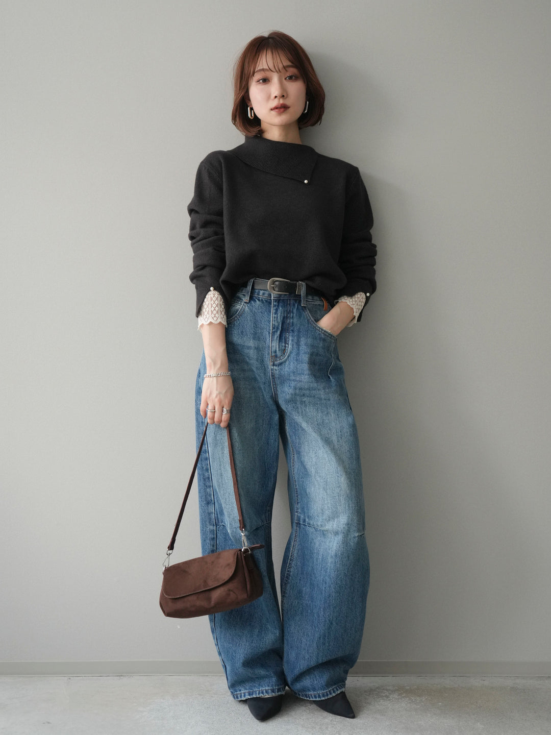 [予約]袖レースパール付き配色ニットトップス/darkbrown