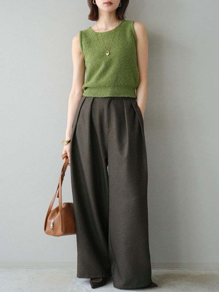 [予約]レザーパイピングタックワイドパンツ/ブラウン