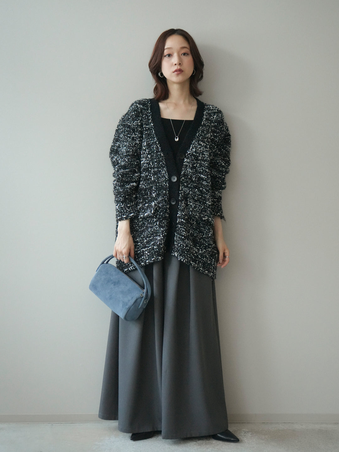 [SET]モールネップニットカーディガン+テープベルトタックバギーパンツ(2set)