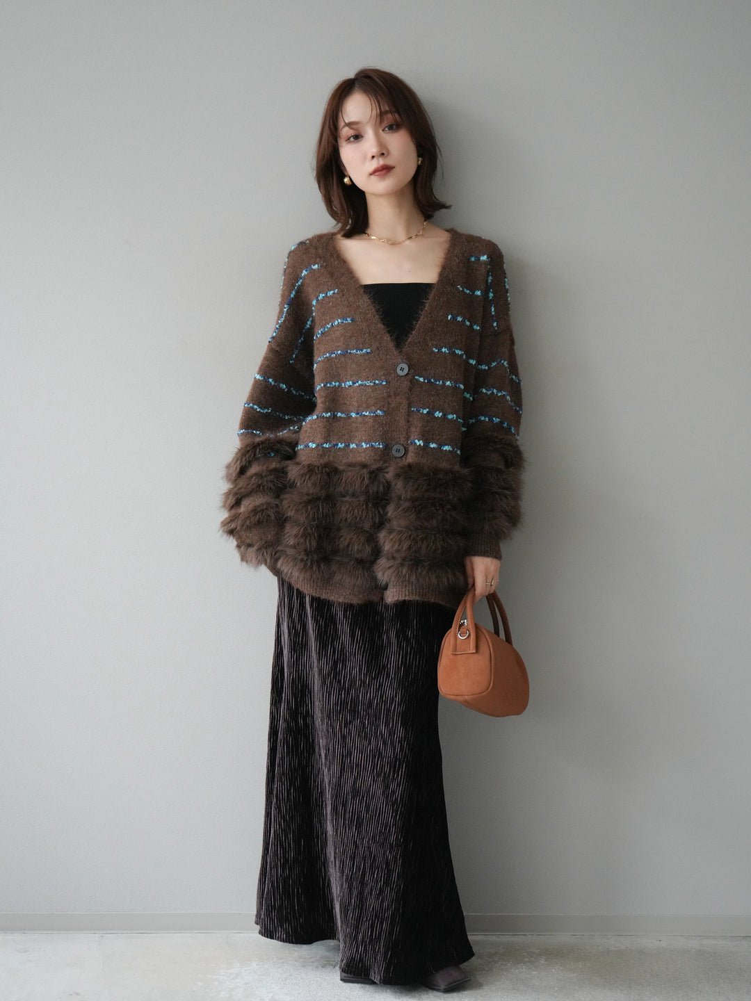 [SET]フェザーライン配色シャギーニットカーディガン+ベロアプリーツナロースカート(2set)