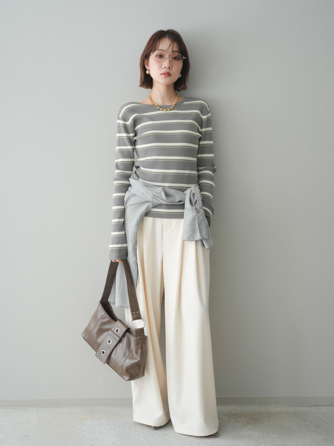 [予約]ウエストバイカラータックワイドパンツ/ivory