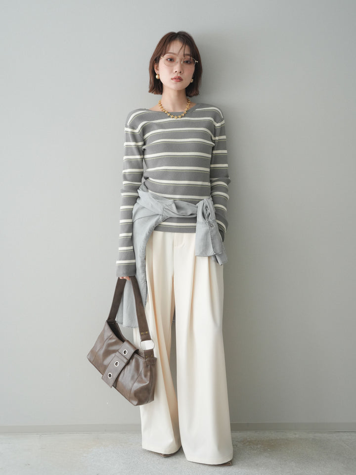 [予約]ウエストバイカラータックワイドパンツ/ivory