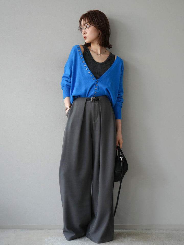 [SET]デザインボタンニットカーディガン＆タンクトップSET+ベルトループデザインワイドパンツ(2set)