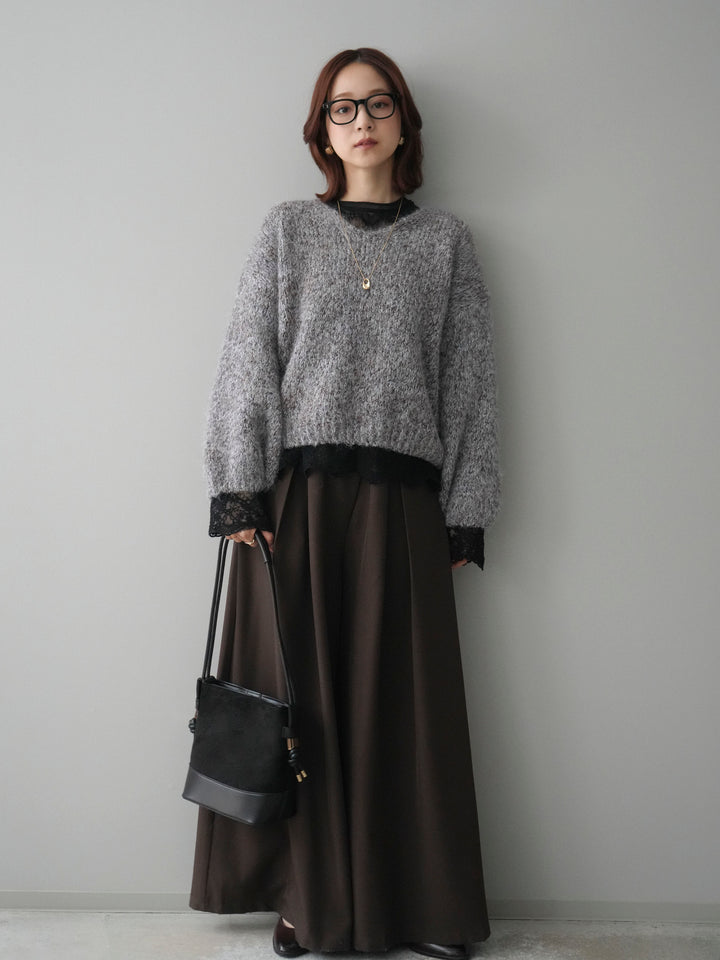 [SET]Vネックミックスヤーンニットプルオーバー+テープベルトタックバギーパンツ(2set)