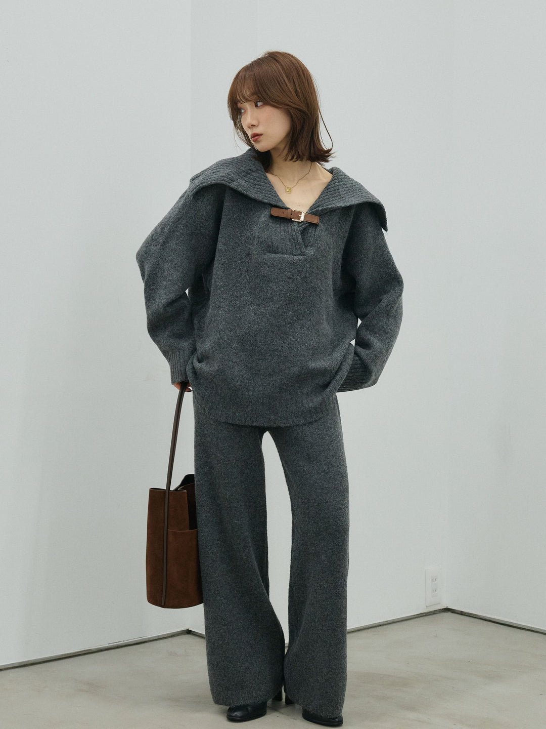 [SET]ベルトデザインポロニット&ニットパンツSET UP