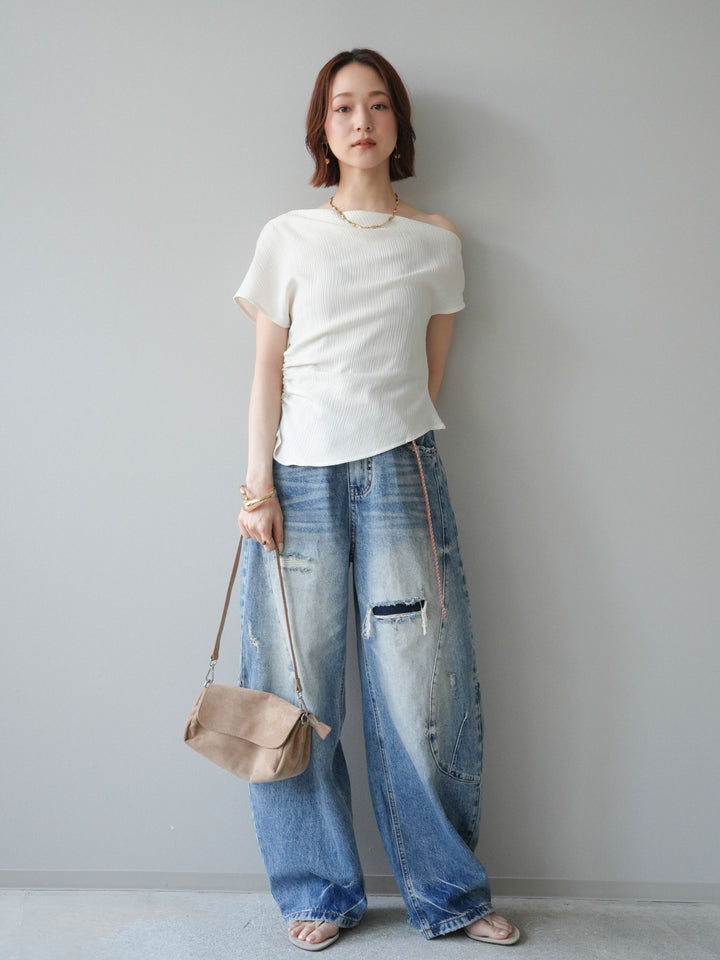 [予約]クレープアシンメトリーギャザートップス/white