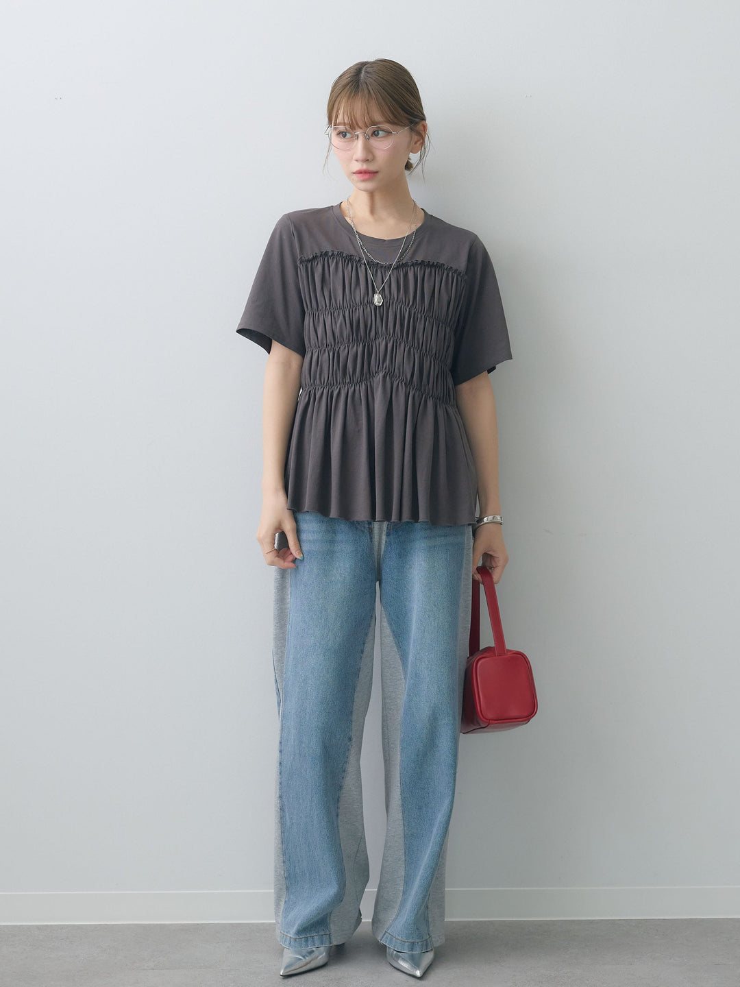 [SET]クールタッチシャーリングTEE+デニム切替スウェットパンツ(2set)