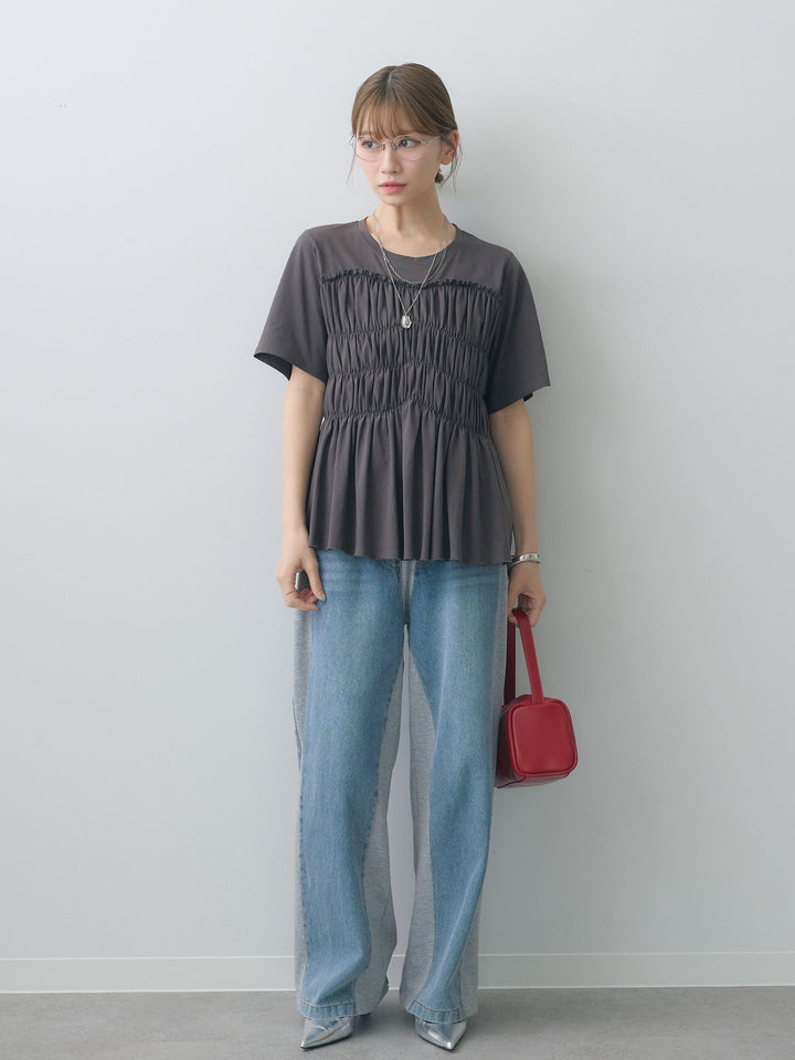 [SET]クールタッチシャーリングTEE+デニム切替スウェットパンツ(2set)
