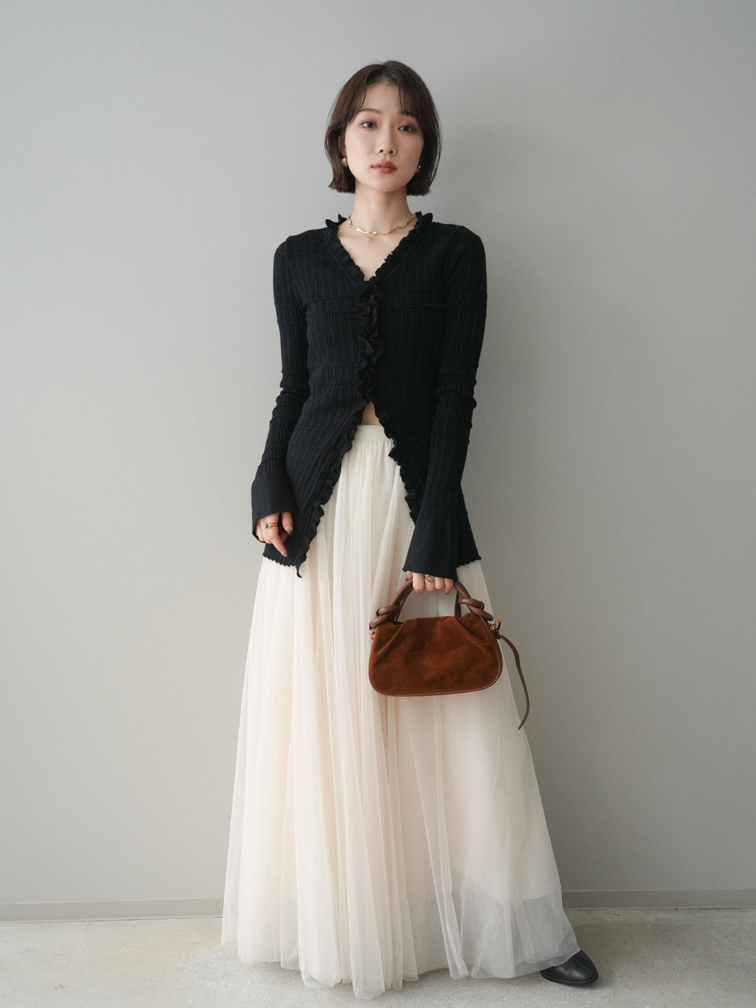 [予約]フロントフリルリブニットカーディガン/black