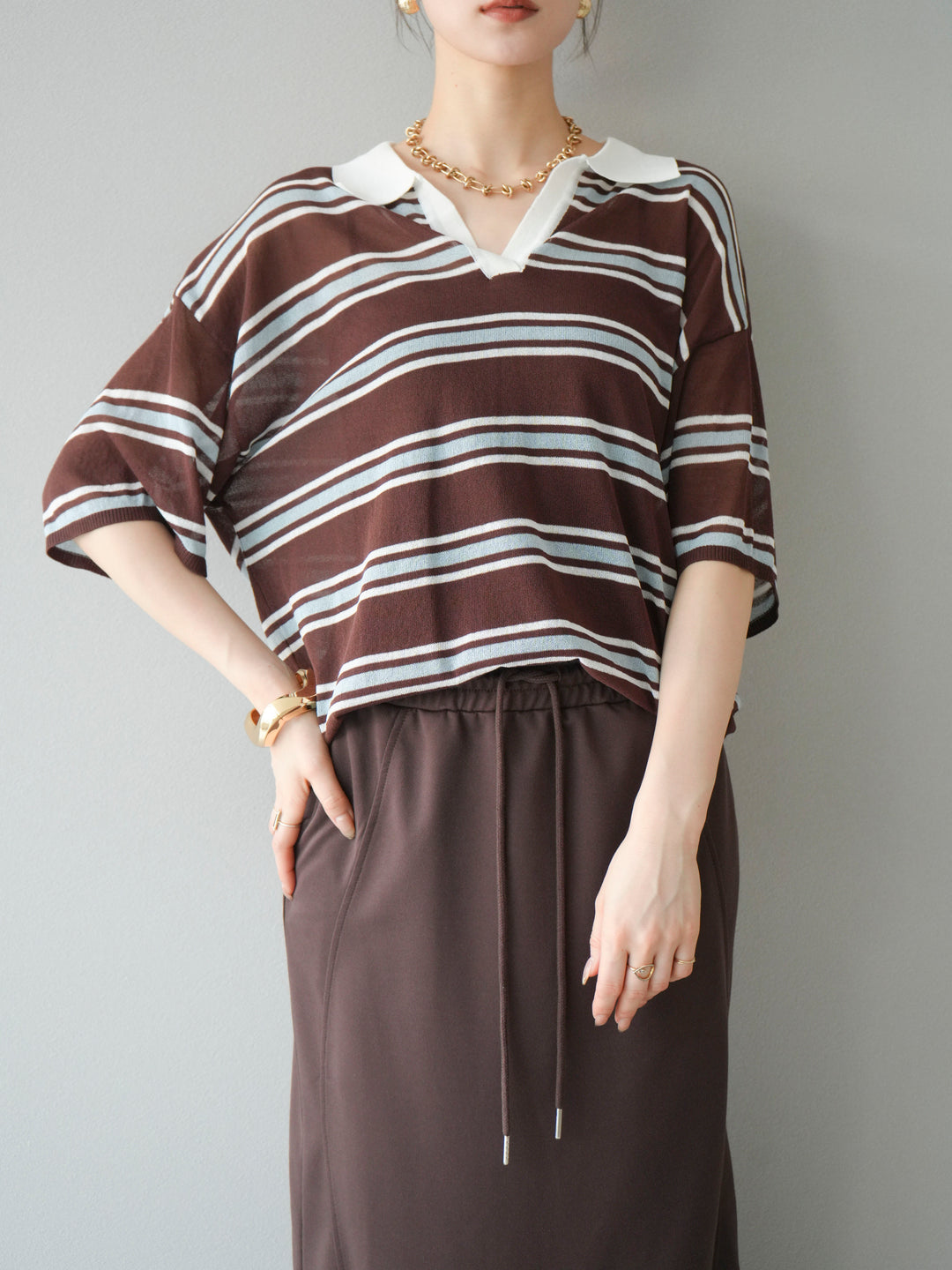 [予約]シアーポロニットプルオーバー/ブラウンボーダー