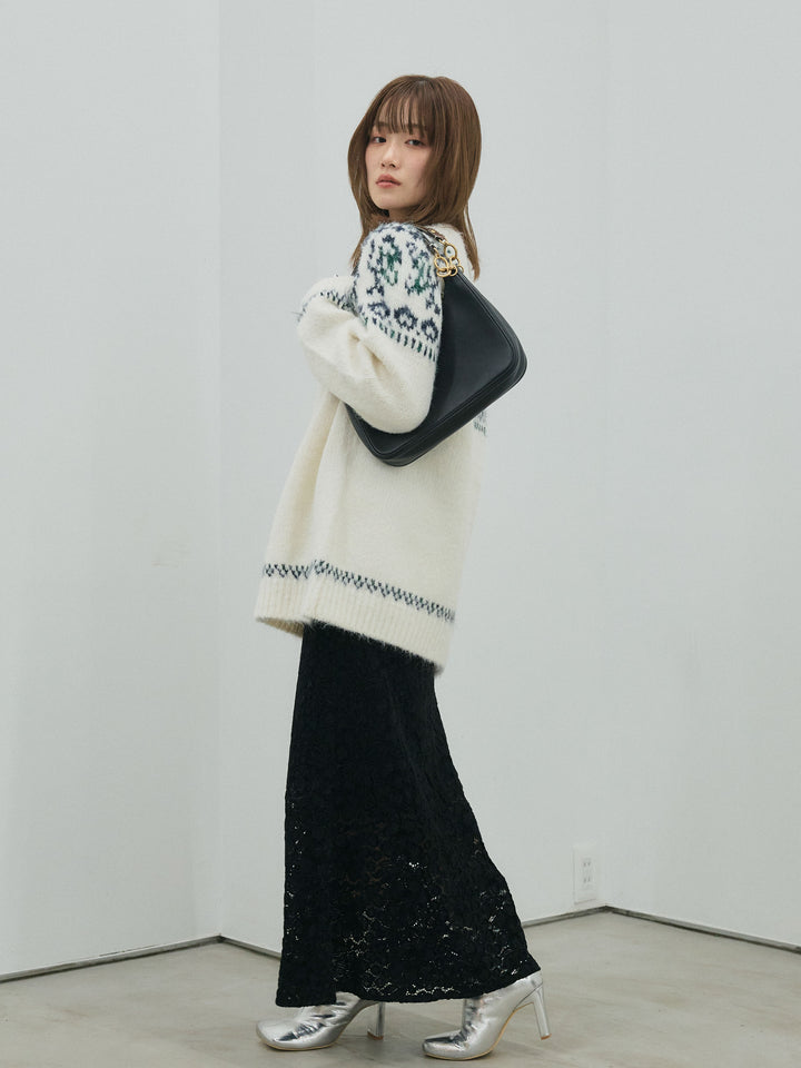 【Allure】[SET]ノルディック柄モックネックオーバニットプルオーバー+起毛レースストレッチナロースカート(2set)