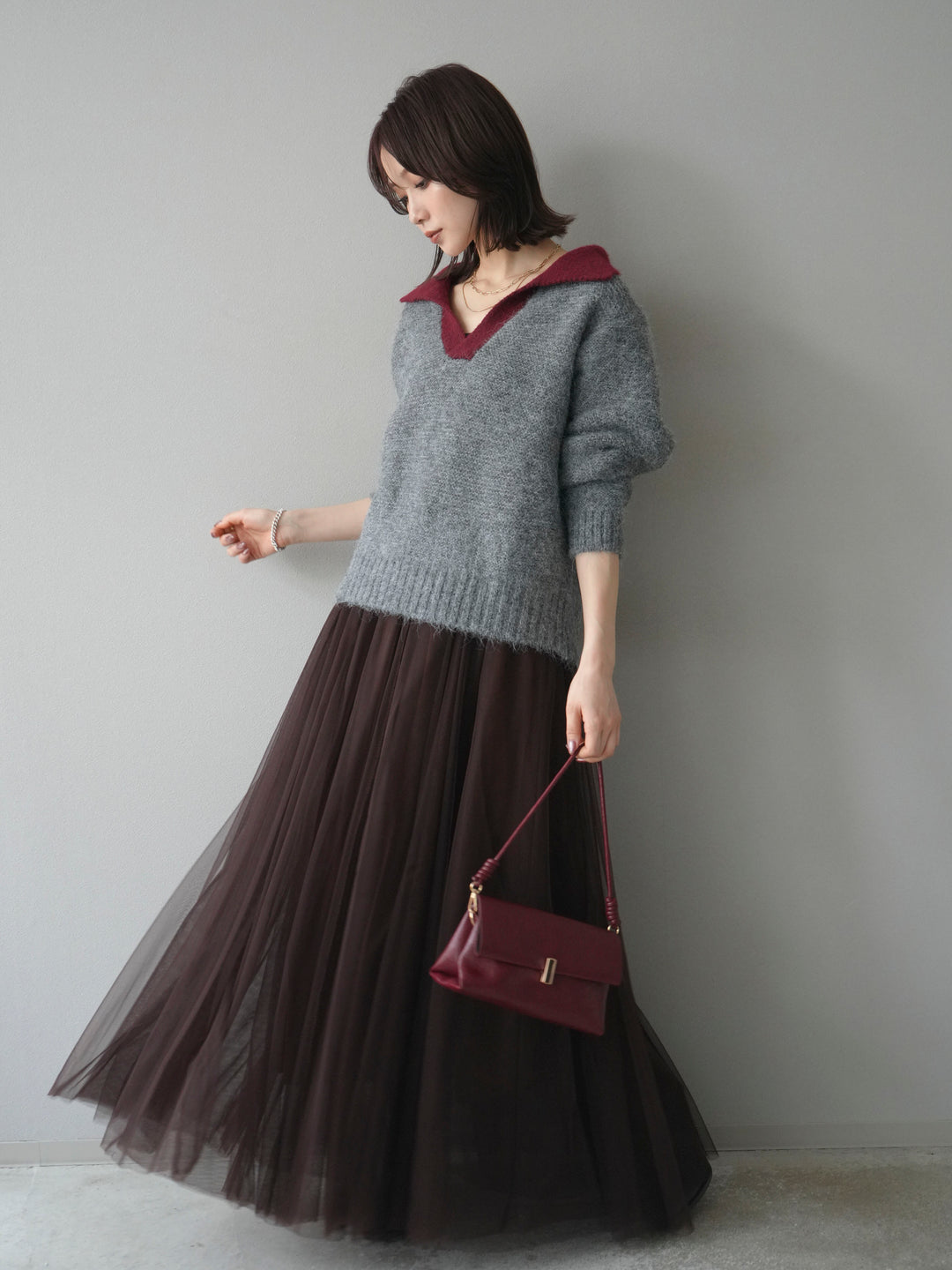 [予約]バイカラー襟付きニットプルオーバー/gray