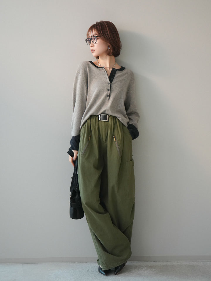 [SET]ヘンリーネック配色ニットソー+ヘンリーネック配色ニットソー(2set)