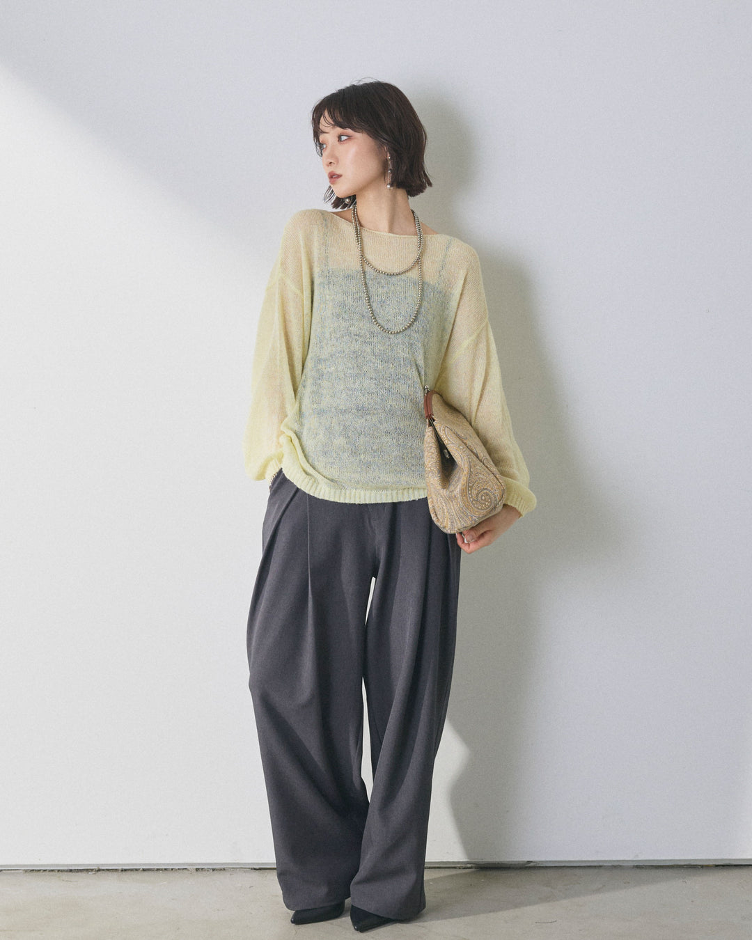 【Allure】[SET]モヘアタッチ透かし編みボートネックニットプルオーバー+モヘアタッチ透かし編みボートネックニットプルオーバー(2set)