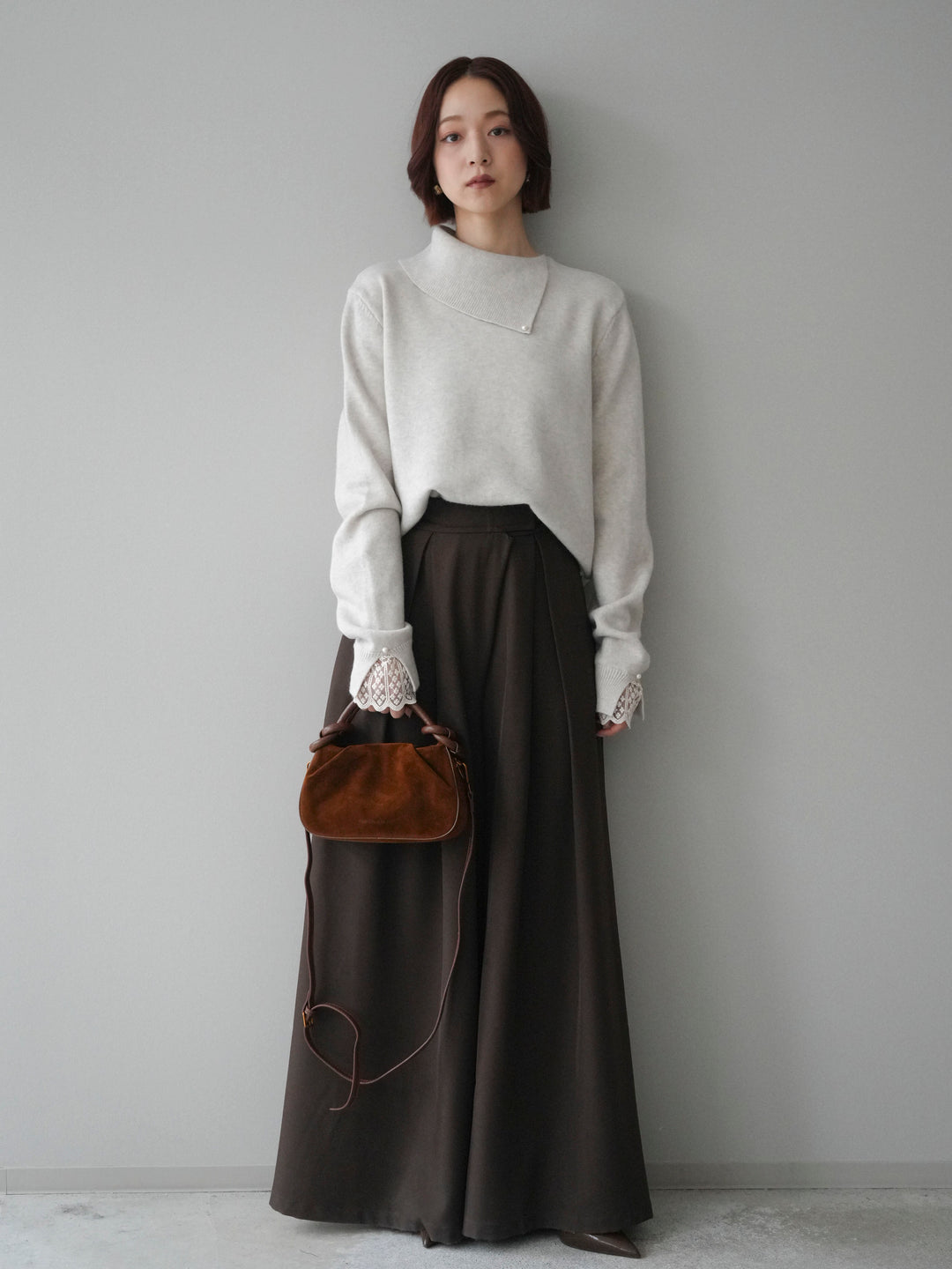 [SET]袖レースパール付き配色ニットトップス+テープベルトタックバギーパンツ(2set)