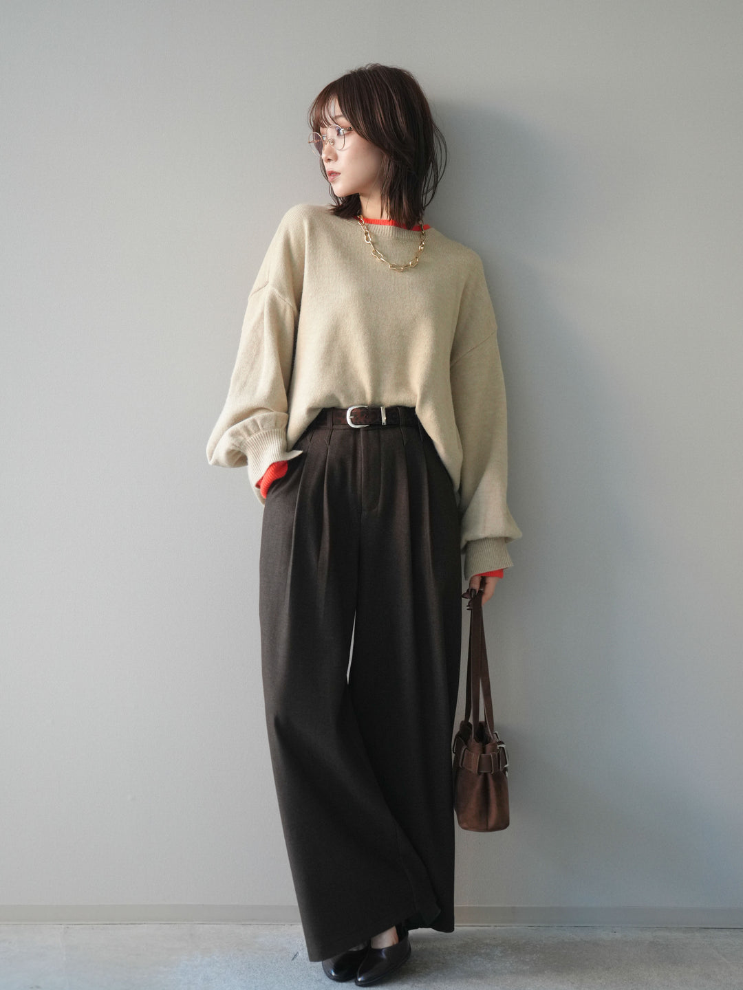 [予約]ヘンリーネック配色レイヤードニットプルオーバー/beige