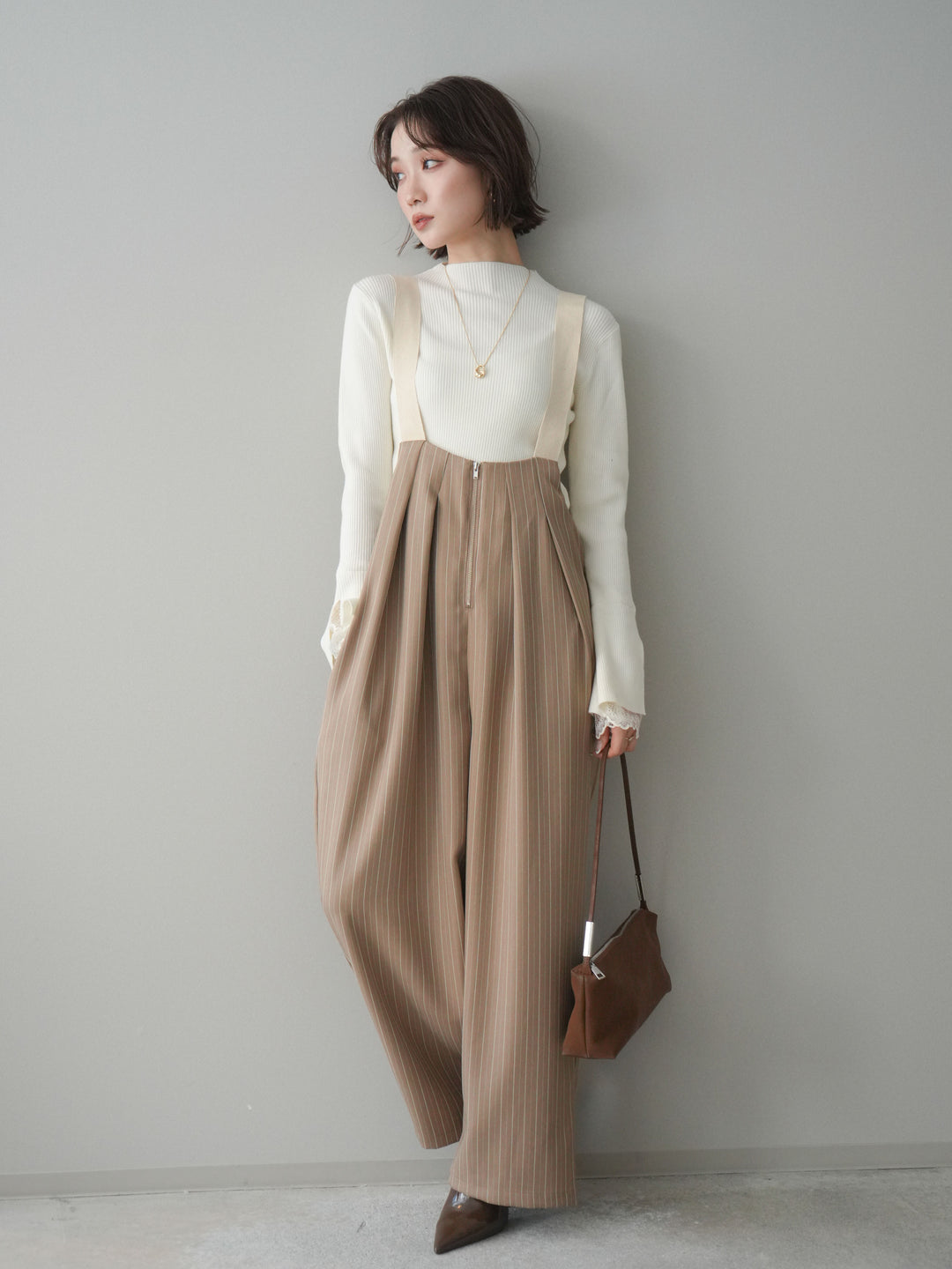 [SET]袖スカラップレースオフネックニットトップス+グログランテープストライプサロペット(2set)