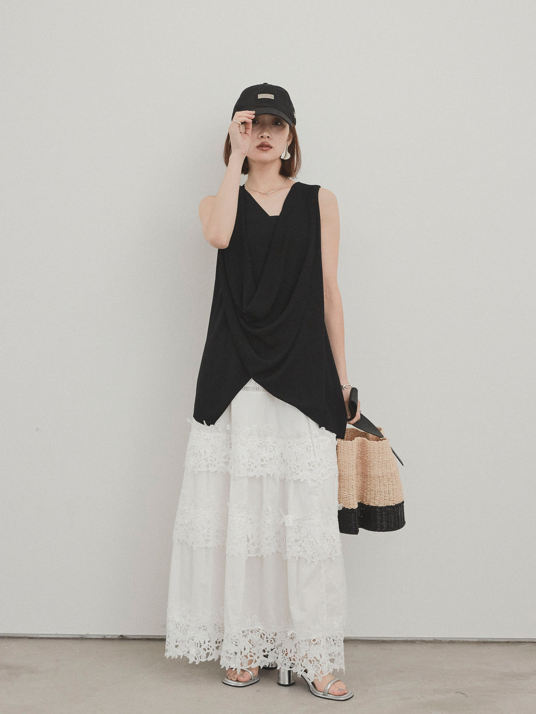 [SET]ドライタッチドレープニットプルオーバー+スカラップレースロングスカート(2set)