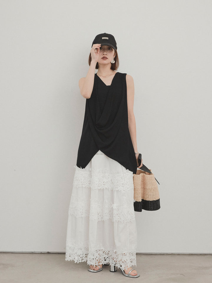 [SET]ドライタッチドレープニットプルオーバー+スカラップレースロングスカート(2set)