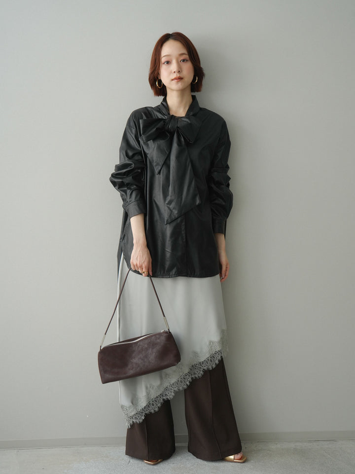 [SET]フェイクレザーボウタイブラウス+サテンライクアシメレーススカート(2set)