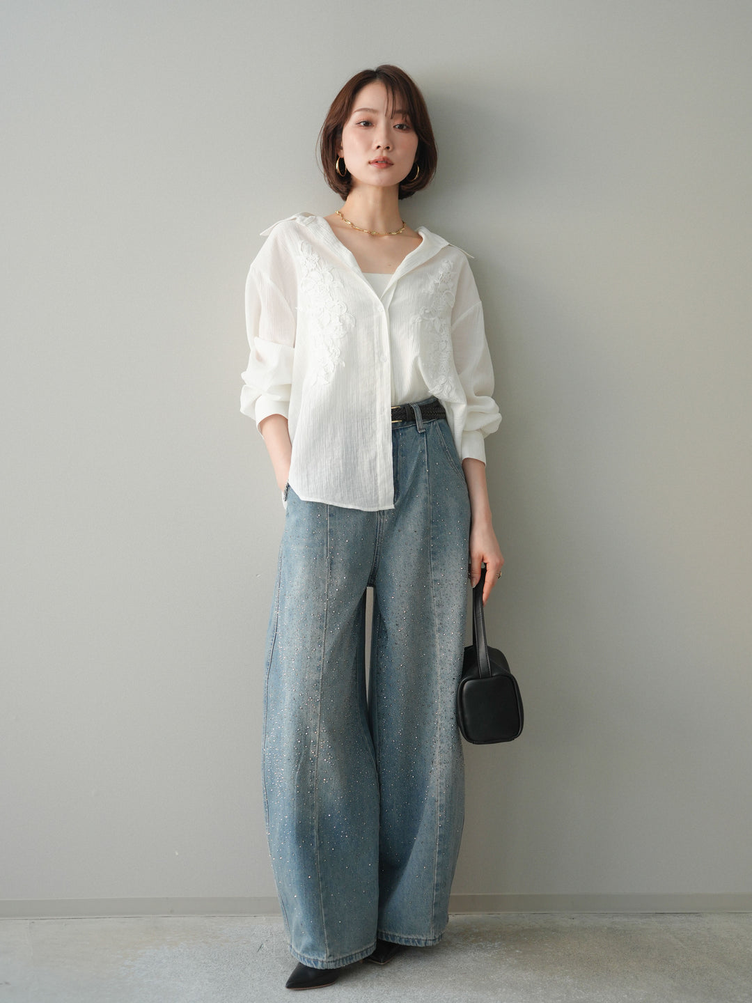 [SET]楊柳刺繍ブラウス+フロントビジューカーブデニムパンツ(2set)