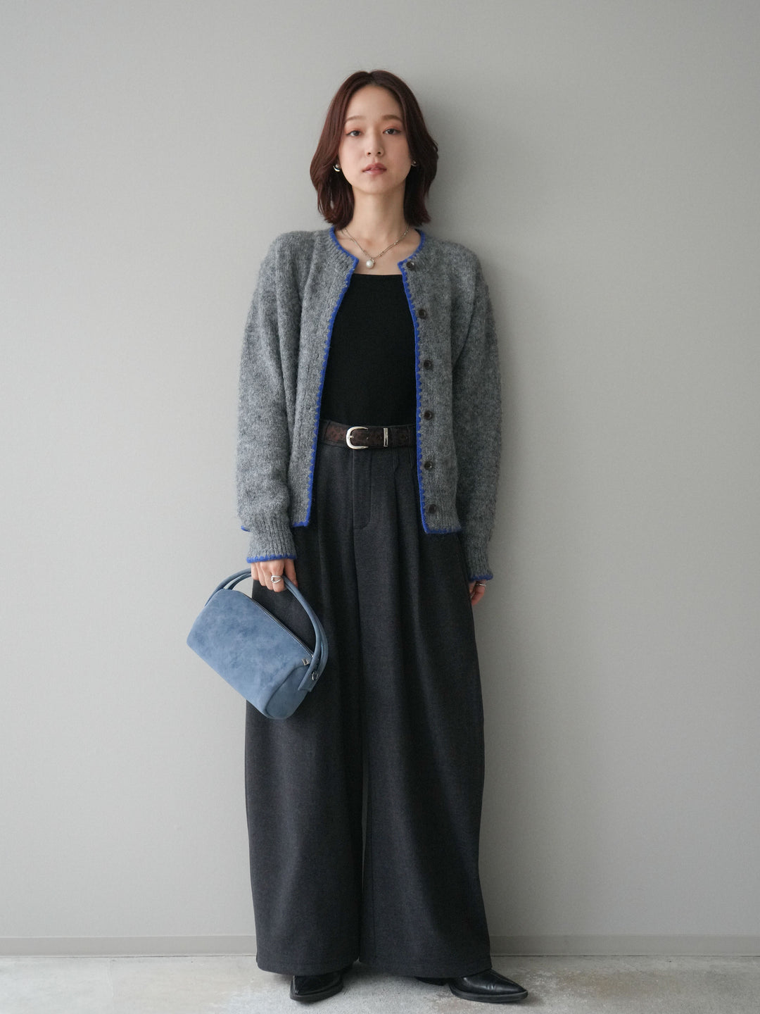 [SET]三角ステッチニットカーディガン+アニマル柄ベルト付きウールタッチワイドパンツ(2set)