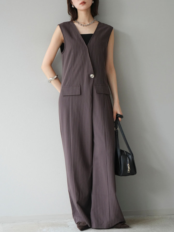 [予約]ストライプラップデザインオールインワン/ブラウン