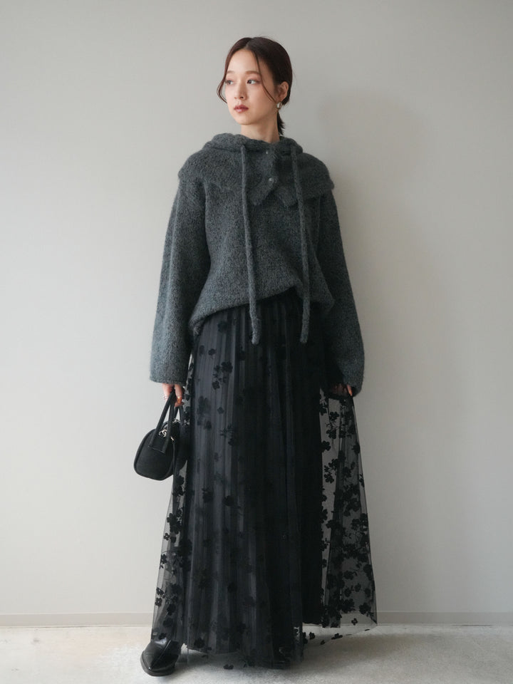[SET]バラクラバSETニットプルオーバー+フラワーフロッキーチュールプリーツスカート(2set)