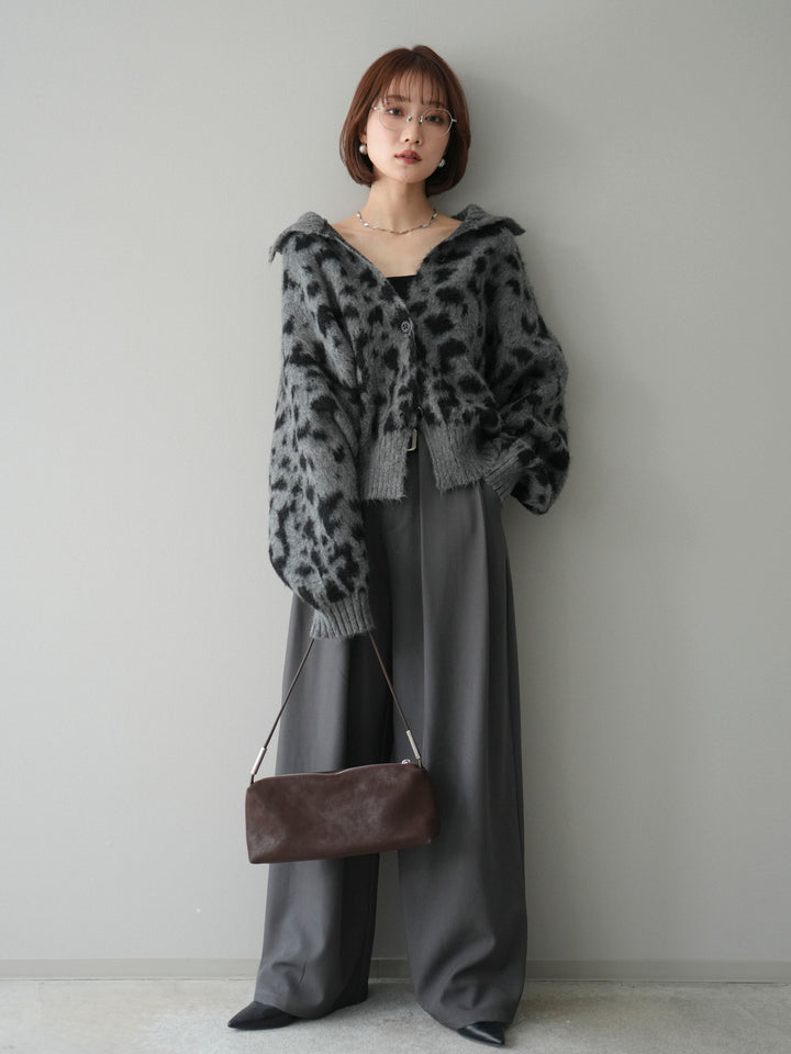 [予約]スタンドネックレオパード柄ニットカーディガン/gray