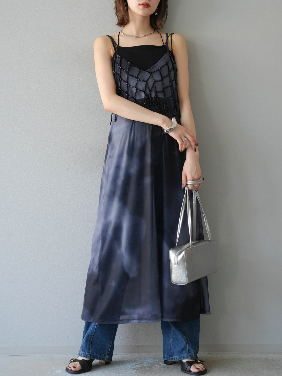 [予約タイダイ柄シアーキャミワンピース/モノトーン