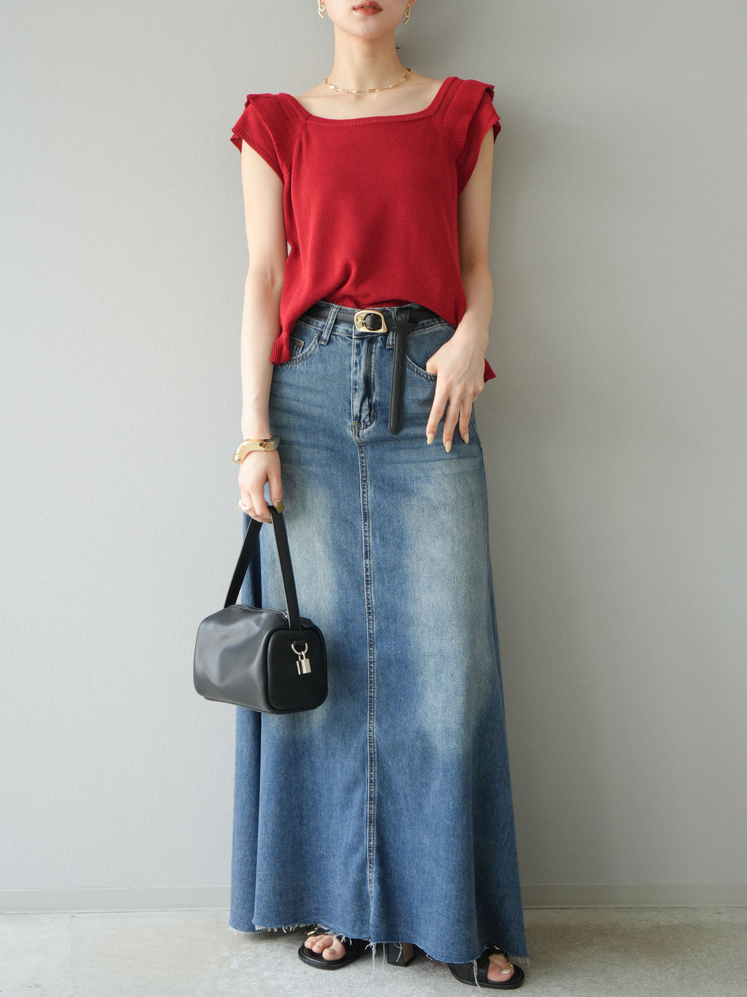 [予約]Aラインカットオフデニムスカート/ブルー