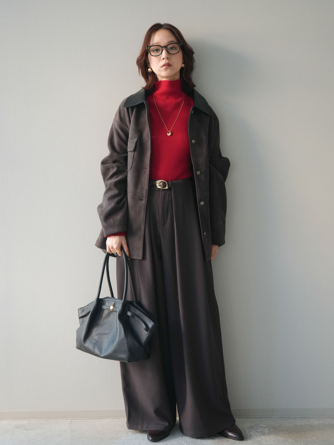 [SET]襟レザーステンカラースエードジャケット+袖ボタンボトルネックリブニットトップス+ベルトループデザインワイドパンツ(3set)