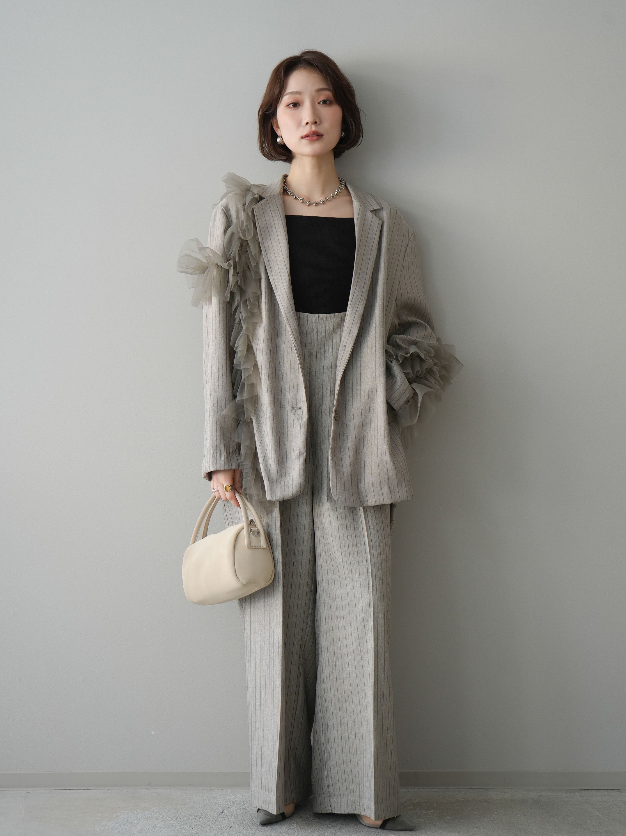 SET]アシンメトリーチュールストライプジャケット+ヘリンボーン