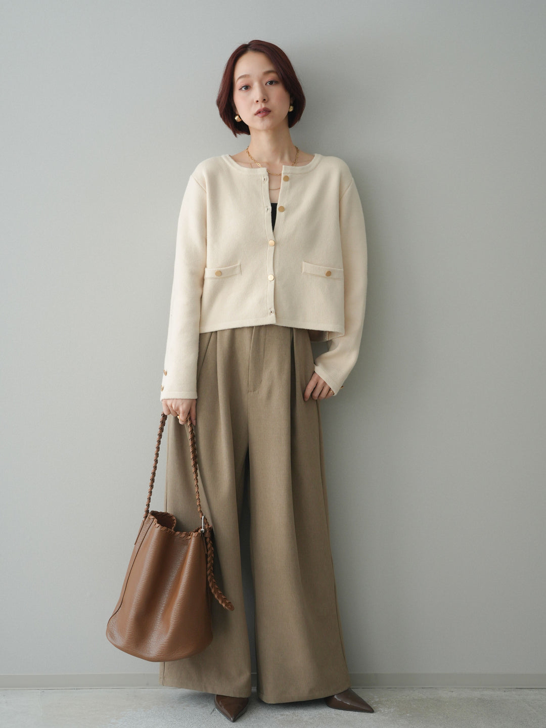 [予約]サテンベルトタックワイドパンツ/beige