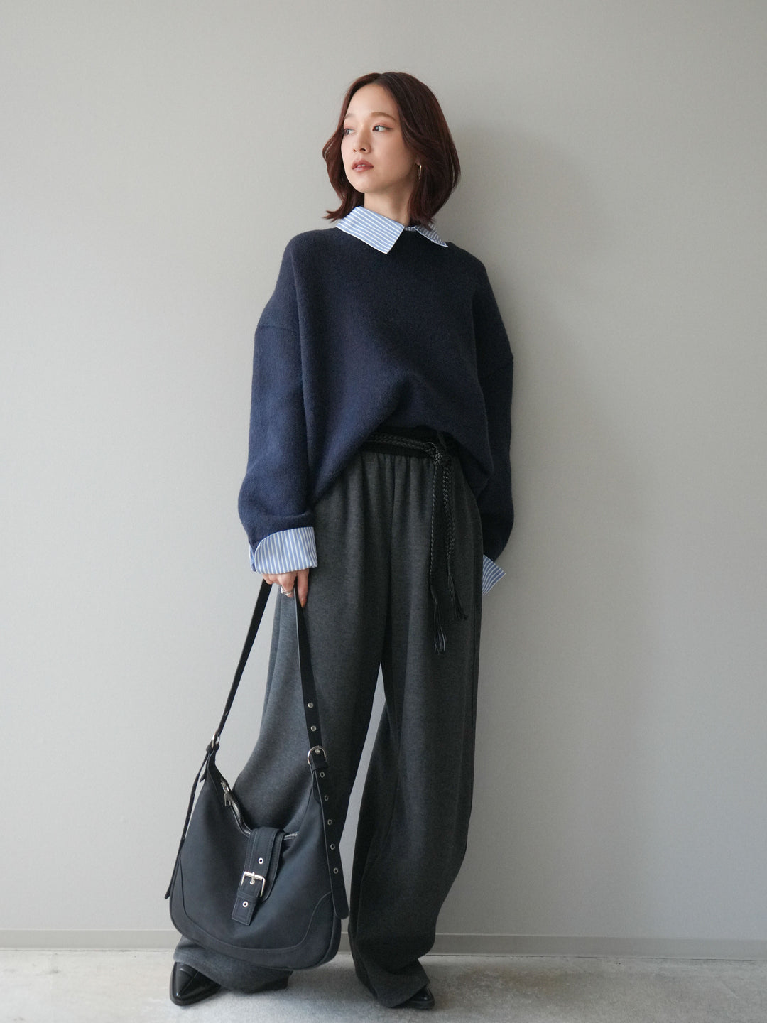 [SET]編み込みベルト付きウエスト配色スエットパンツ+編み込みベルト付きウエスト配色スエットパンツ(2set)